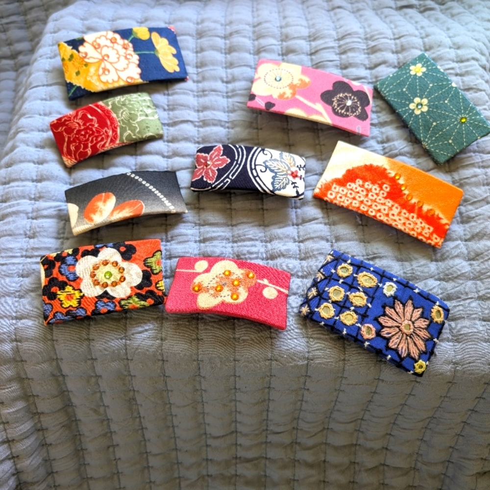 Hand Made From Vintage Silk Colorful Floral  Hair Clips